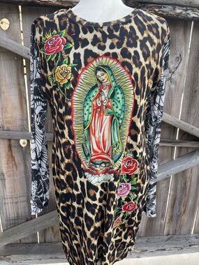 Ed Hardy Virgin Mary Leopard Print Mesh Bodycon Mini Dress Y2K Tattoo Gothic